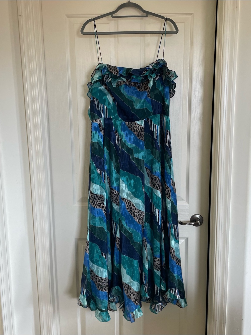 Hutch Teal & Blue Wave Print Ruffle Midi Dress
